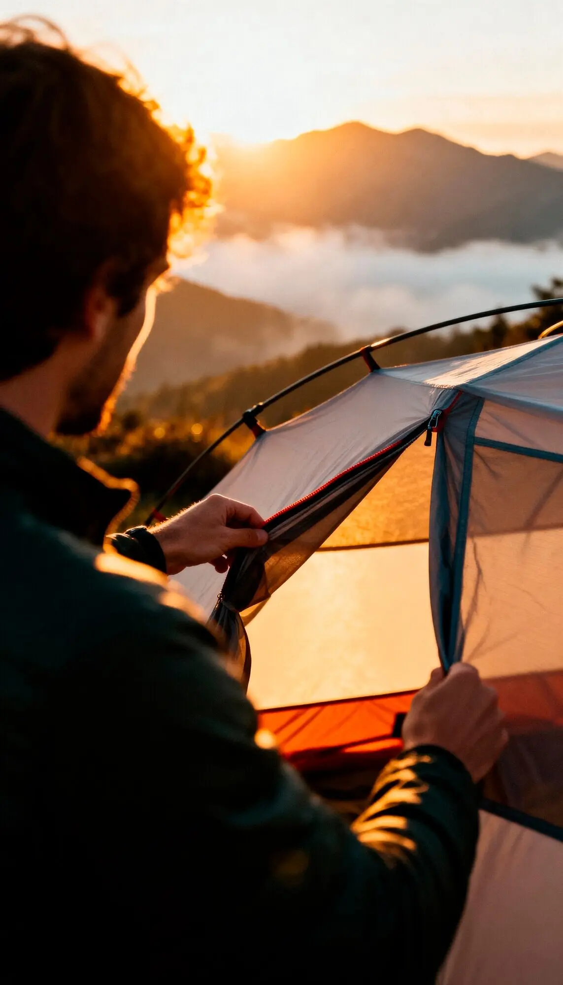 Mann baut bei Sonnenuntergang ein Zelt auf.